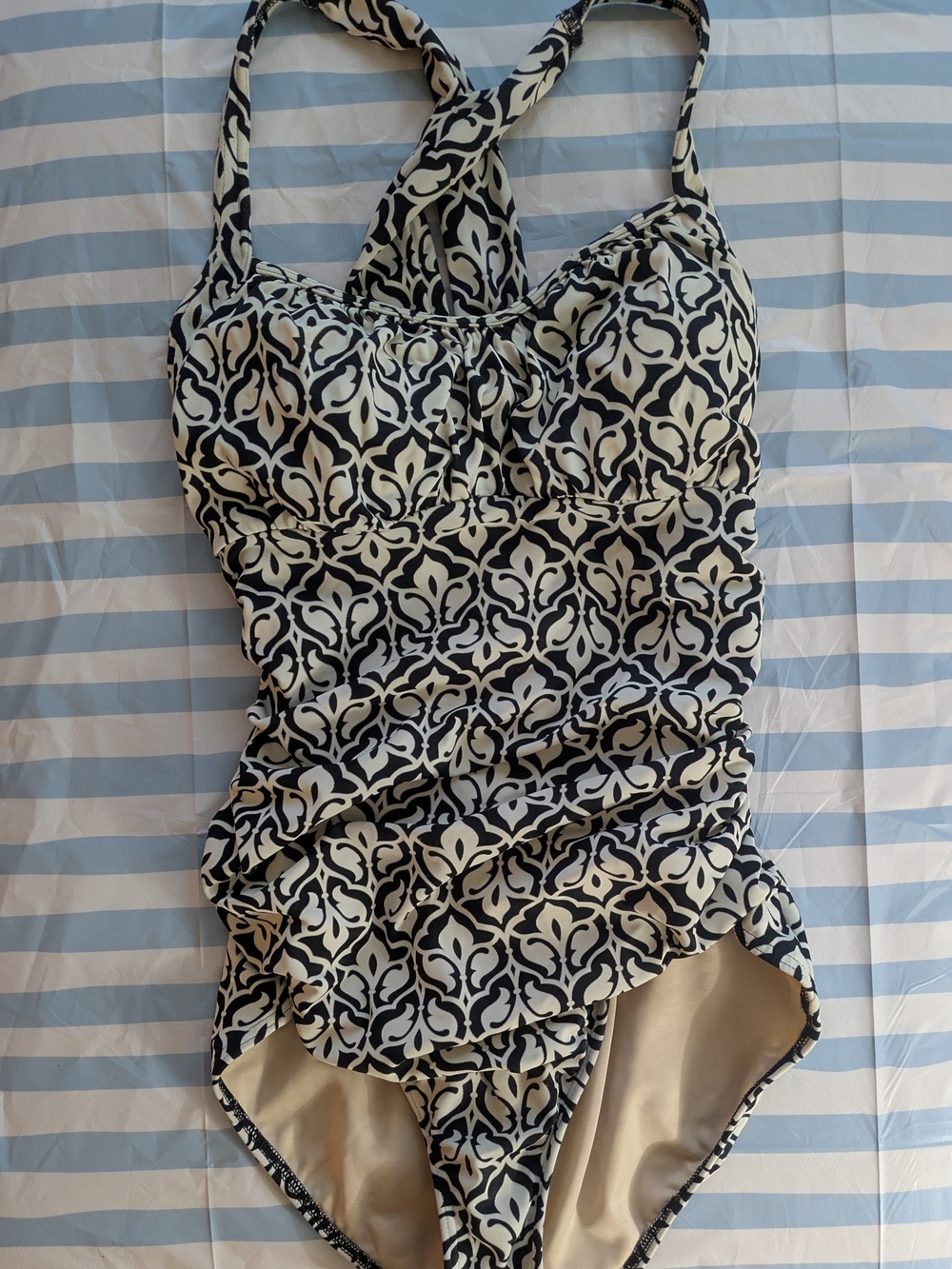 Lands' End Navy and White Cross Back One-Piece Swimsuit